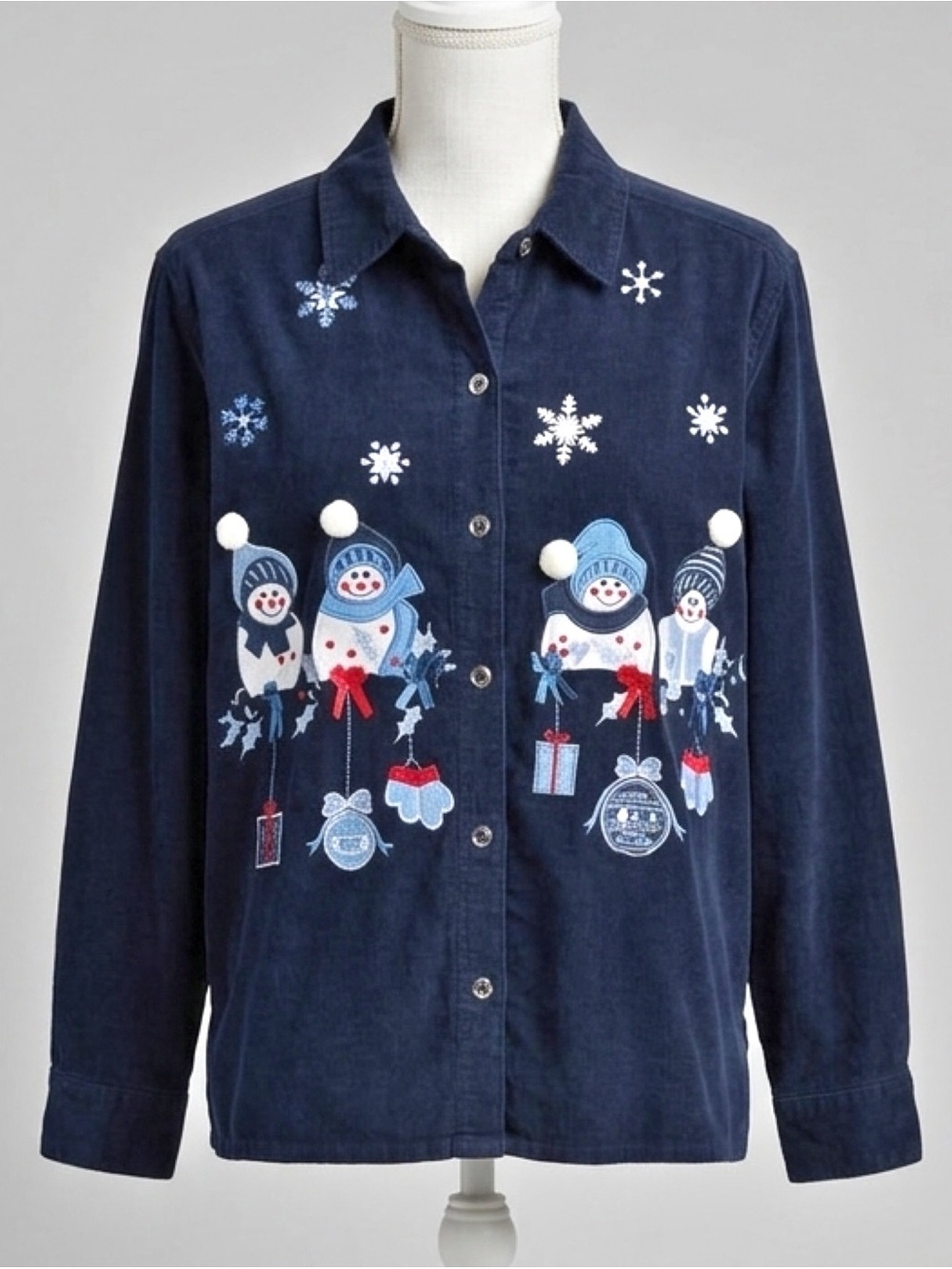 Vintage 90s Dressbarn Navy Corduroy Snowman Embroidered Button Front Shirt XL